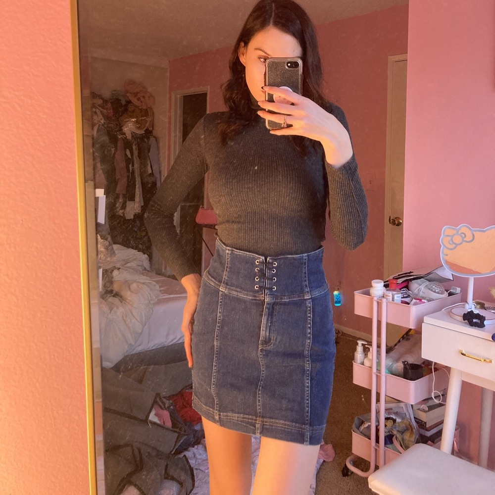 Free People High Waisted Dark Denim Lace up Skirt